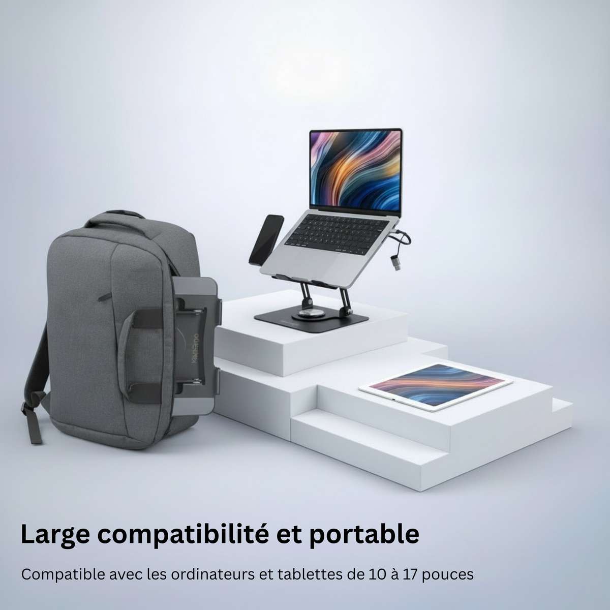 Support PC Rotatif 360° — Hub USBC 7-en-1 + Support Téléphone | Réglable & Pliable