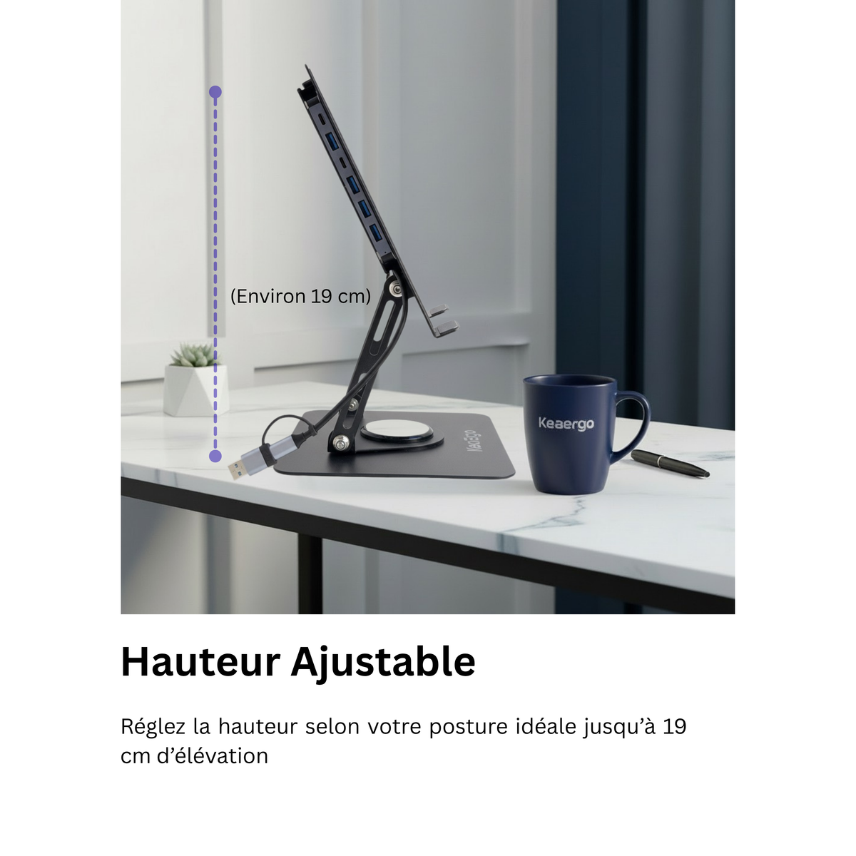 Support PC Rotatif 360° — Hub USBC 7-en-1 + Support Téléphone | Réglable & Pliable