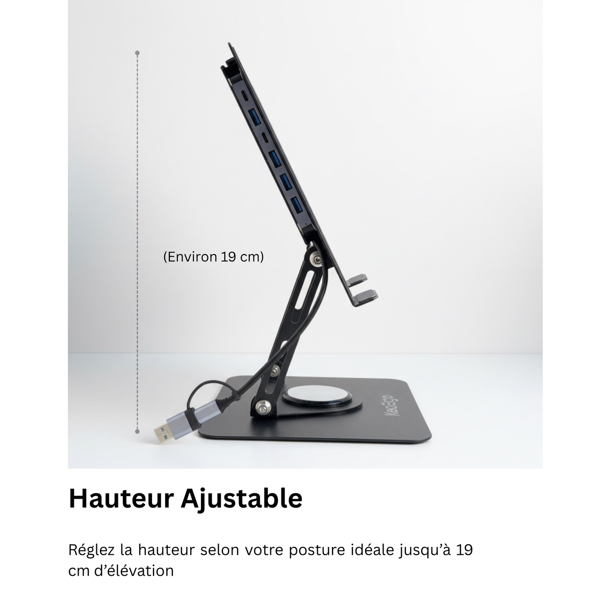 Support PC Rotatif 360° — Hub USB 7-en-1 | Réglable & Pliable