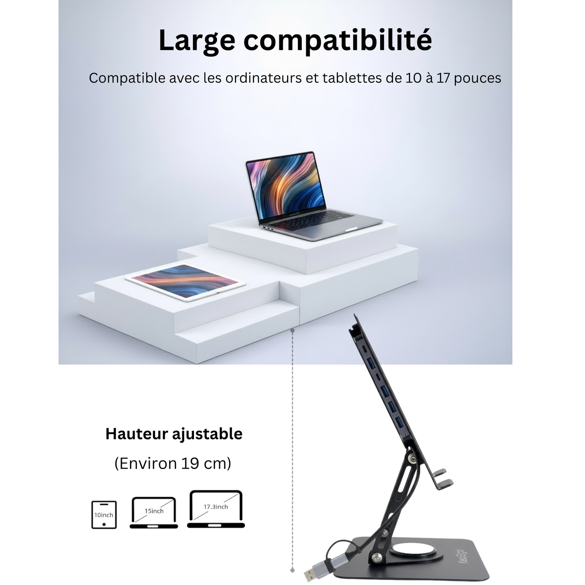 Support PC Rotatif 360° — Hub USB 7-en-1 | Réglable & Pliable
